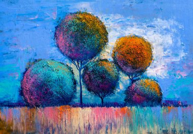 Yağlı boya peyzaj, renkli ağaçlar. El boyalı izlenimci, açık peyzaj.