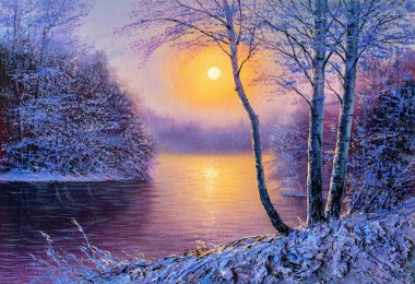 Nehirle kış manzarası. Orijinal yağlı boya tablo..