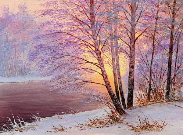 Winter Landscape River Original Oil Painting — Stock Photo, Image