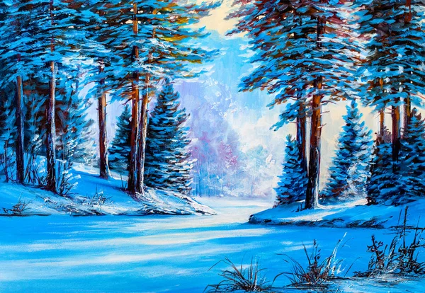 Winter Landscape River Original Oil Painting — Stock Photo, Image