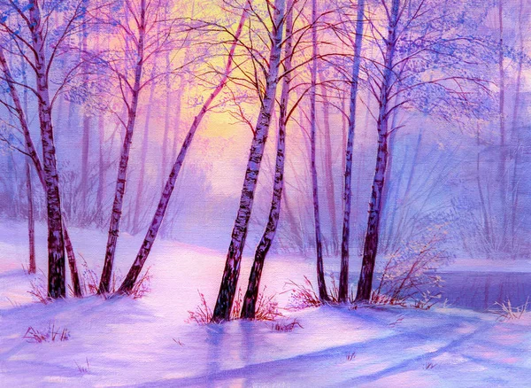 Paisaje Invierno Con Río Pintura Óleo Original — Foto de Stock