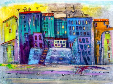 Şehir tablosu resmi. Soyut biçim.