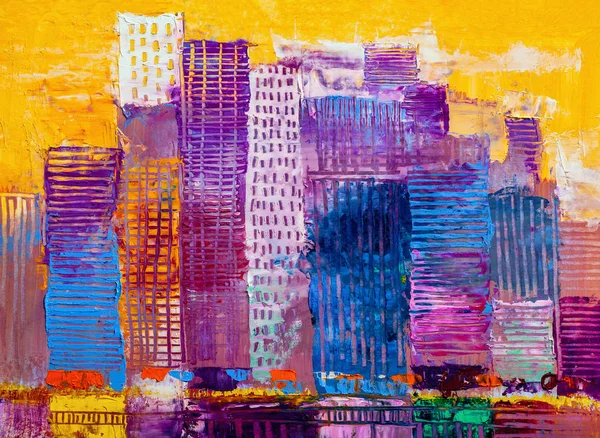 Konstnärlig Målning Skyskrapor Abstrakt Stil Stadsbilden Oljefärger — Stockfoto