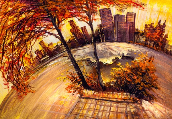 City square of a modern city. Abstract style.Cityscape oil paints.