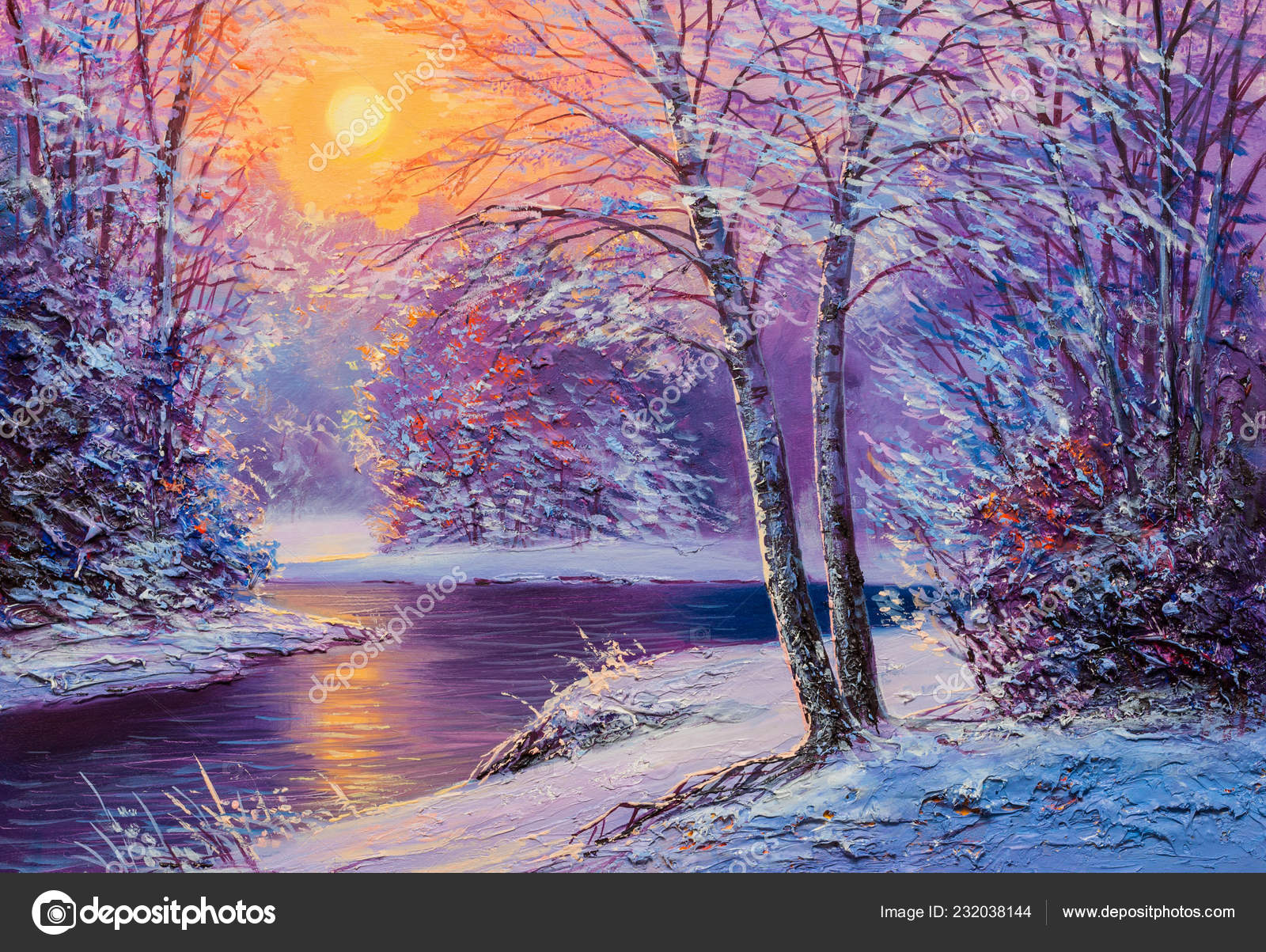 Paysage D'hiver Avec Rivière Peinture L'huile Originale — Illustration de  stock par ©sbelov - 232038144, image size:1600x1203