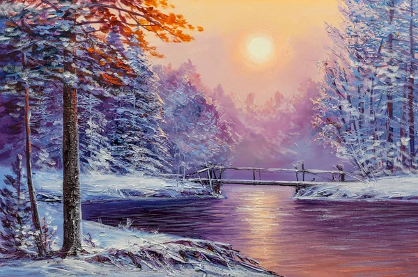 有河流和桥梁的冬季风景 原作油画 — 图库照片