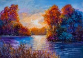 Картина, постер, плакат, фотообои "autumn morning on the river. oil painting.", артикул 232040016