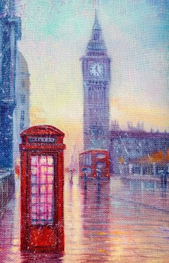 Yağlı boya, Londra'da yağmur. Nazik şehir manzarası. Büyük Ben, İngiltere'de, modern sanat.