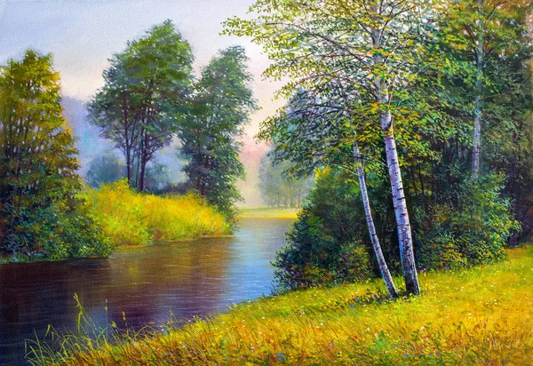 Oil painting landscape, colorful summer forest, beautiful river .