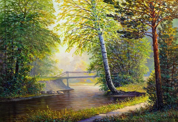 油画风景 多姿多彩的夏天森林 美丽的河 有一座桥 — 图库照片