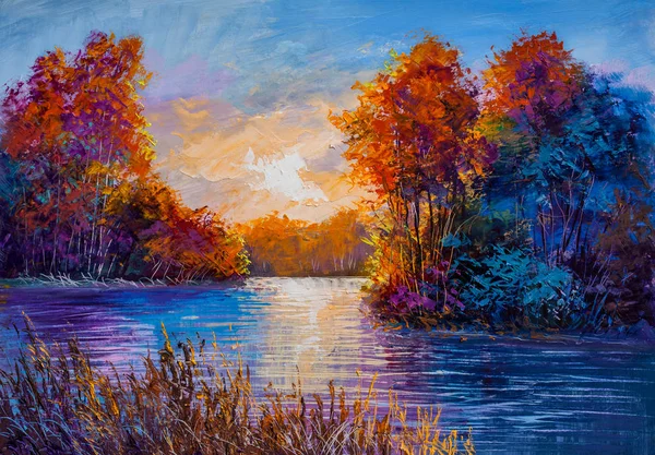 Autumn morning on the river. Oil painting.