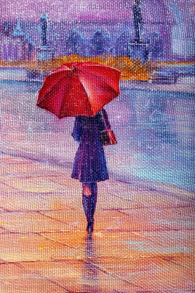 Femme Marchant Avec Parapluie Sous Pluie Peinture Peintures Peintures — Photo