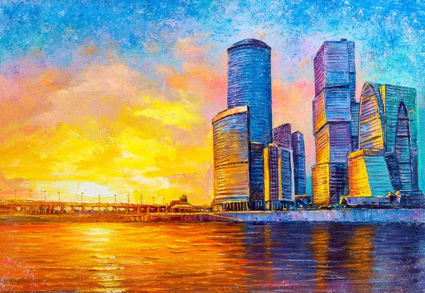 Wolkenkrabbers Tegen Achtergrond Van Zonsondergang Van Avond Moderne Schilderijen — Stockfoto