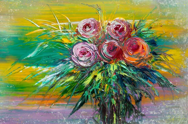 Oil painting a bouquet of roses . Impressionist style.