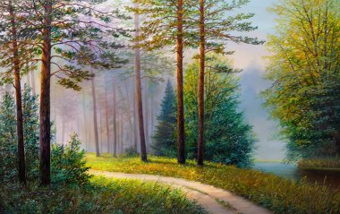 Yağlı boya manzarası, renkli yaz ormanı, güzel nehir. 