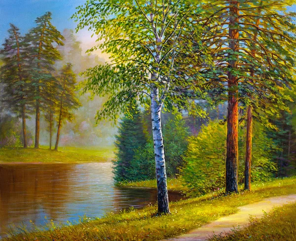 Landschap Olieverfschilderij Kleurrijke Zomer Bos Prachtige Rivier — Stockfoto