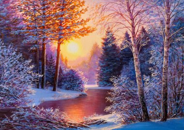 Winter forest with river. Oil painting landscape. clipart
