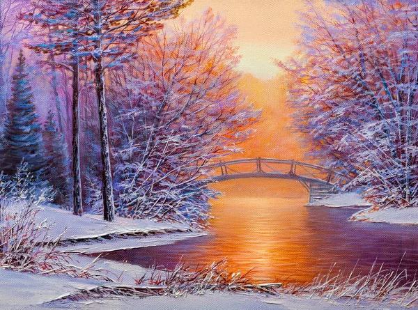 White bridge over the river, winter landscape — Stock Photo, Image