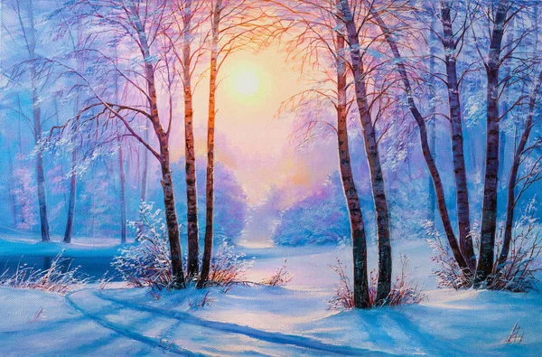 冬の森の中のバーチ 油絵の風景 ロイヤリティフリーのストック画像