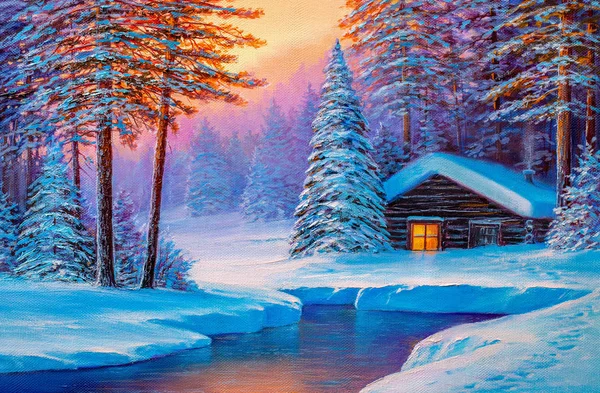 Cabana velha na floresta de inverno.Pintura a óleo . — Fotografia de Stock