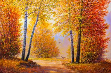 Bir yol ile sonbahar orman resmi.