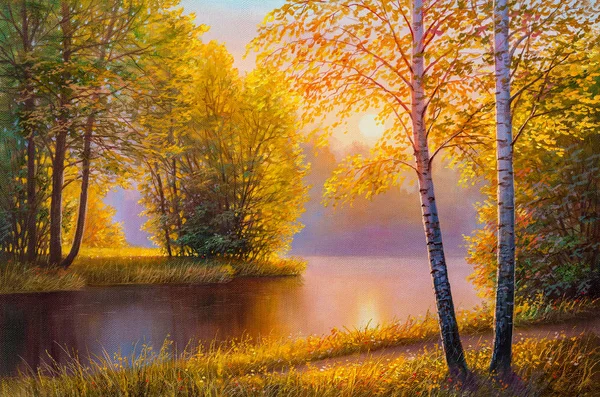 Paisaje pintura al óleo con río en el bosque de verano . — Foto de Stock