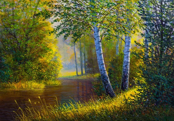 油画景观，夏季森林中的河流. — 图库照片