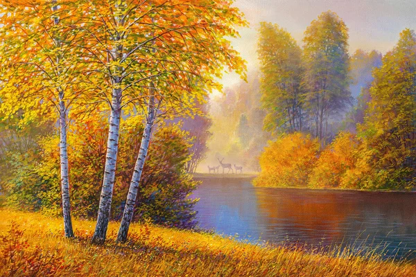 Paysage peinture à l'huile - forêt d'automne colorée — Photo