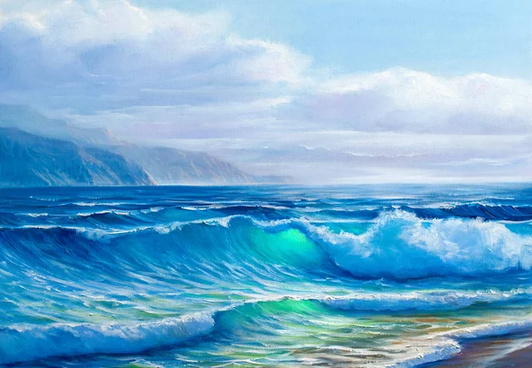 海の夕日、キャンバスに油絵. — ストック写真