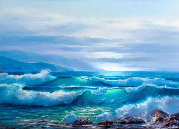 Pôr do sol no mar, pintura a óleo sobre tela . — Fotografia de Stock
