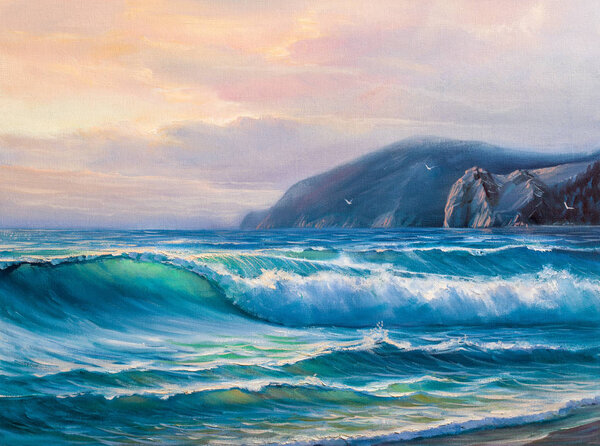 Sunset on the sea, painting by oil on canvas.