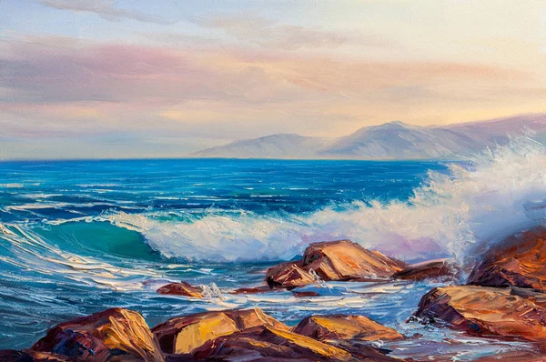 Solnedgång på havet, målning av olja på duk. — Stockfoto