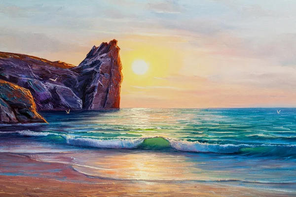 Pôr do sol no mar, pintura a óleo sobre tela . — Fotografia de Stock