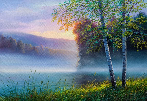 Morgon landskap med träd och flod. — Stockfoto
