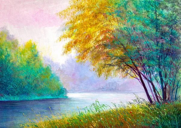Oil painting landscape ,  beautiful river. — Stock Photo, Image