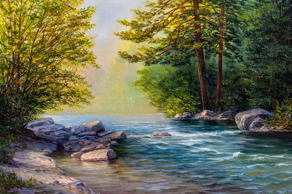 Pittura ad olio paesaggio, bellissimo fiume . — Foto Stock