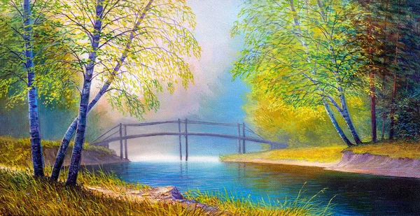 Pittura ad olio paesaggio, bellissimo fiume . — Foto Stock