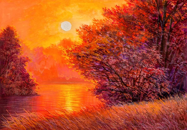 Пейзаж живописи маслом - красочный осенний лес — стоковое фото