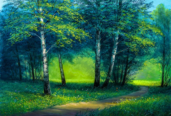 Oljemålning landskap. Morgonlandskap med träd. — Stockfoto