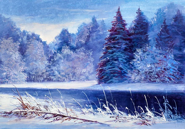 Forêt de Noël avec rivière. Peinture à l'huile paysage . — Photo