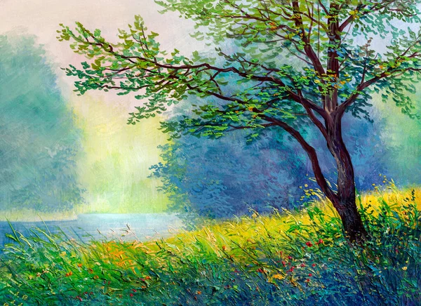 Пейзаж Живописи Маслом Красочный Летний Лес Красивая Река Водопадом — стоковое фото