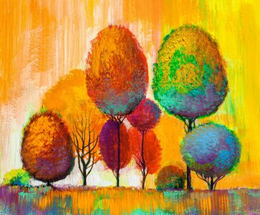 Sonbahar ormanı, portakal yaprakları. Yağlı boya manzarası..