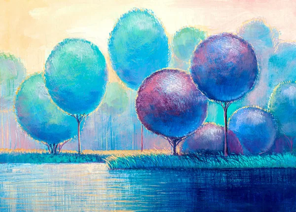 夏の川の絵 油絵の風景です 手描きの印象派 — ストック写真
