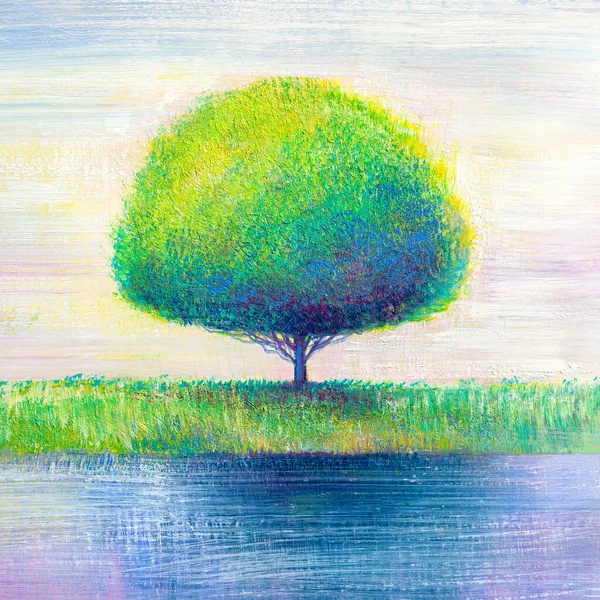 Albero Solitario Vicino Fiume Pittura Olio Originale Tela Arte Moderna — Foto Stock