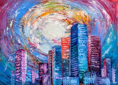 Renkli soyut yağlı boya resim. Şehrin üzerindeki güneş, çağdaş tarzdaki manzara resimleri..