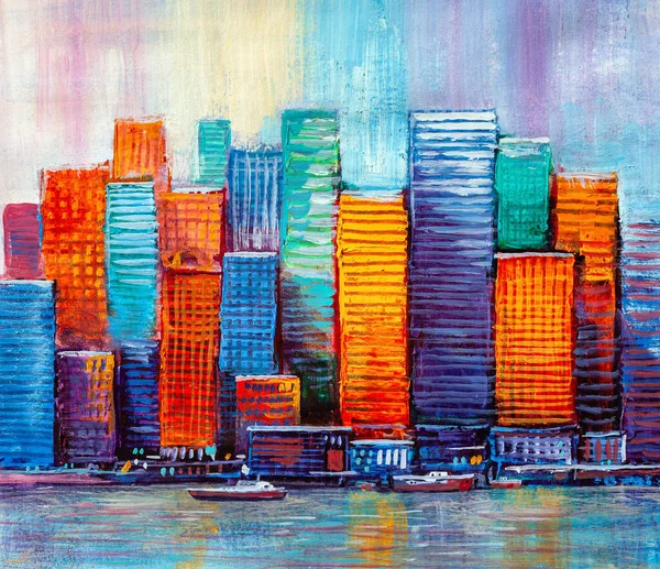 Panorama Night Town Sea Oil Painting Cityscape — Stock Photo, Image