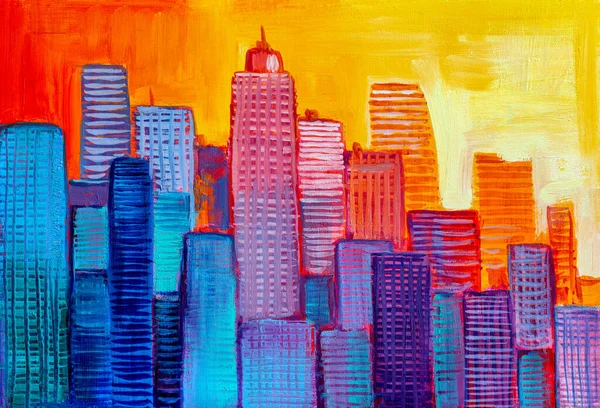 Abstract Kleurrijke Wolkenkrabbers Stad Avonds Illustratie Schilderij — Stockfoto