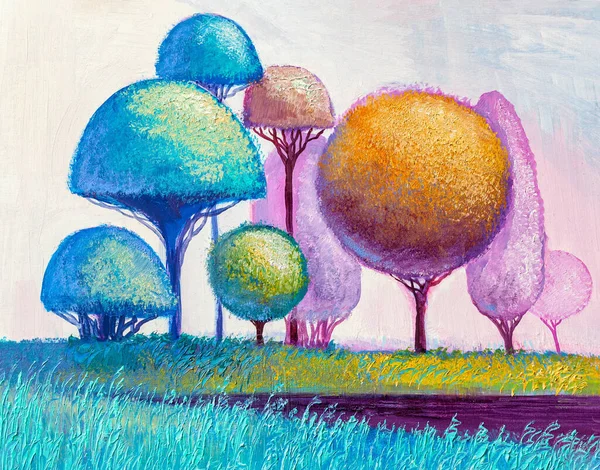 Lonely Trees River Original Oil Painting Canvas Modern Art — Stock Photo, Image