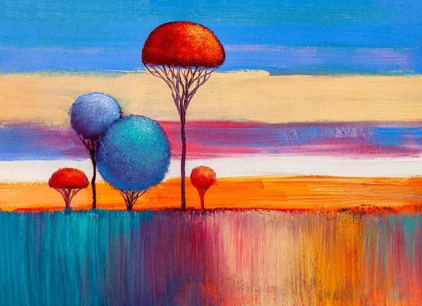 Lonely Trees River Original Oil Painting Canvas Modern Art — Stock Photo, Image