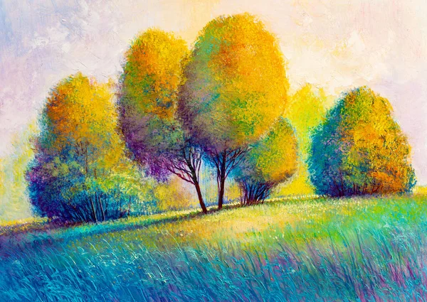 Prato Primaverile Con Fiori Alberi Colorati Pittura Olio Tela — Foto Stock